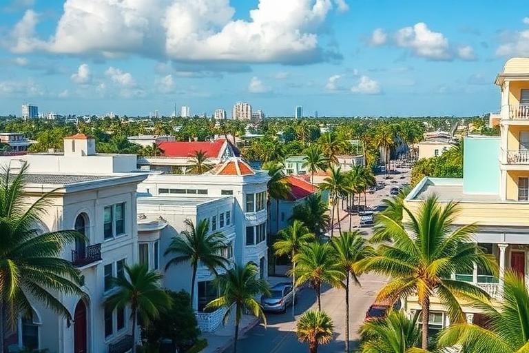 Rua residencial e ambiente costeiro em Miami Beach