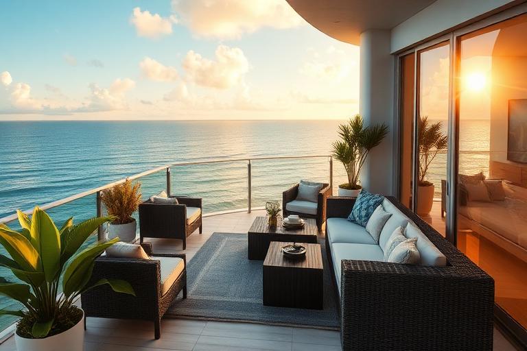 Terraço de uma residência com vista para o mar em Miami Beach