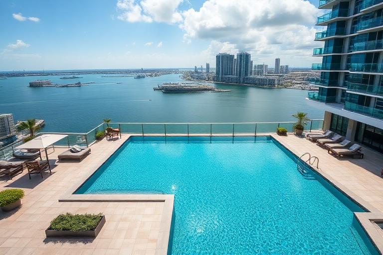 Miami condominium amenity deck with pool and skyline view in a residential rental building