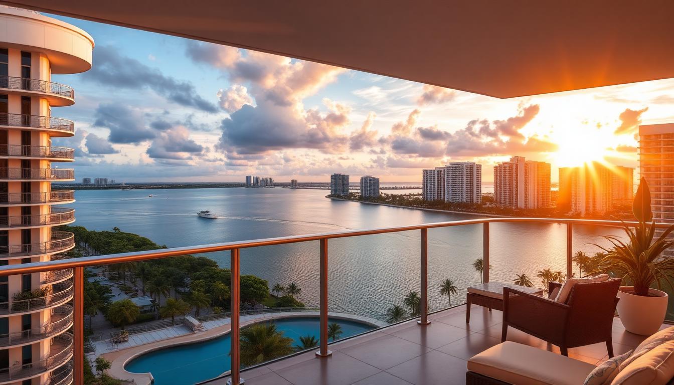 Miami waterfront residence overlooking Biscayne Bay at the end of the day