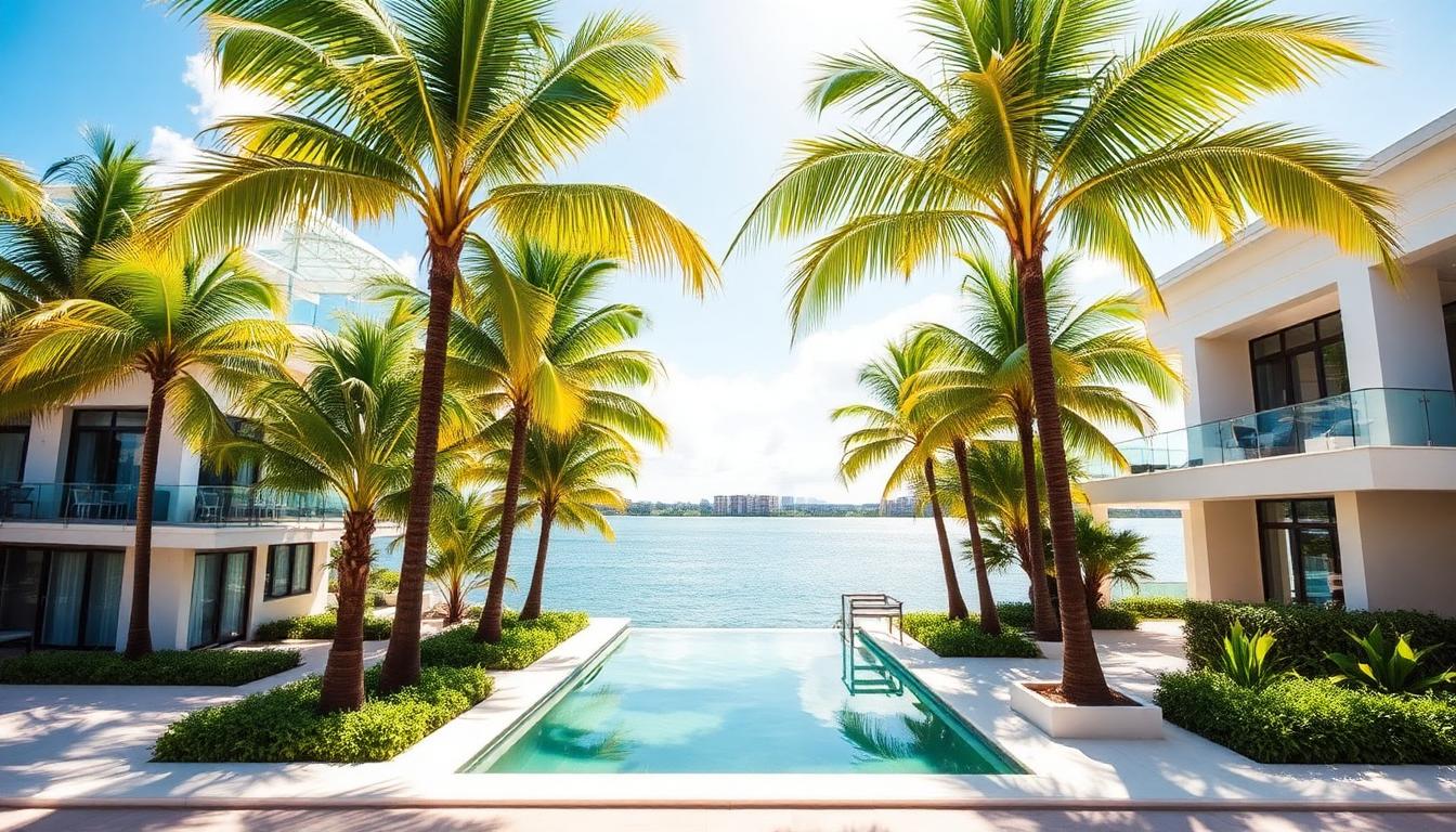 Miami residential buildings viewed from the water on a clear day