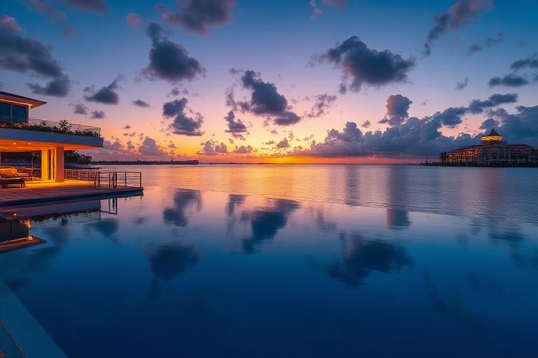 Casa de lujo en Miami preparada para la venta, con jardines y luz exterior al atardecer