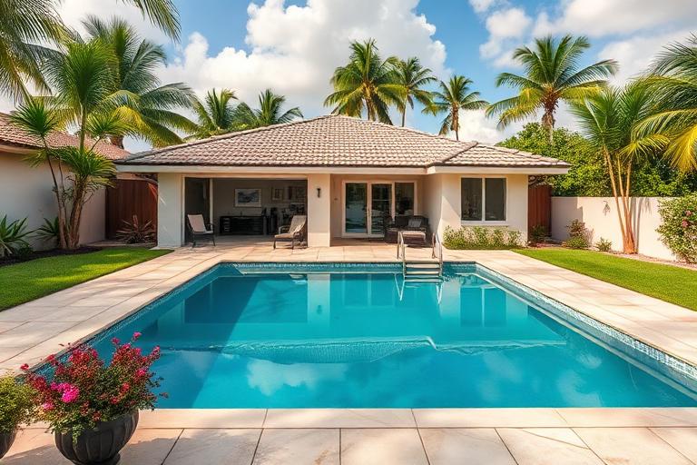 Single-family Miami home with tropical landscaping on a quiet residential street
